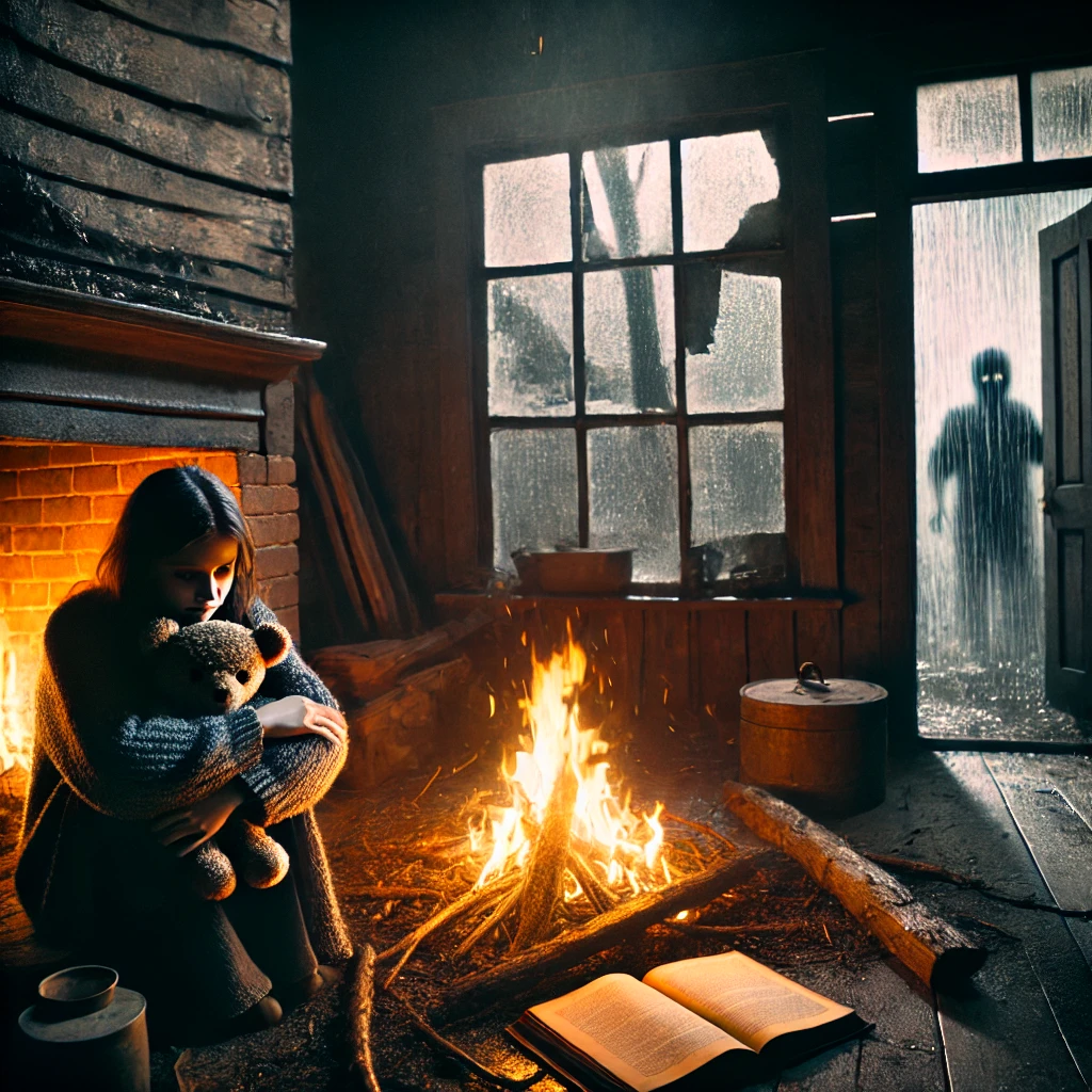 A young woman named Sarah huddled by the dying embers of a fireplace inside an old cabin during a storm, capturing the tense and mysterious essence of a short scary story.