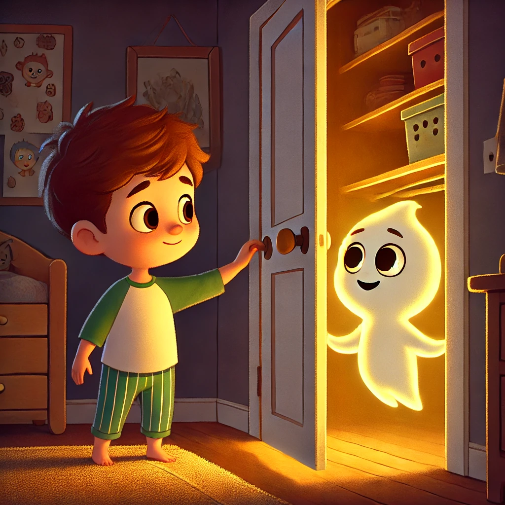 A cozy, dimly lit bedroom where a young boy named Tommy looks at a friendly ghost named Gary emerging from a slightly open closet. The scene captures the essence of a scary story for kids with a comforting and magical twist.