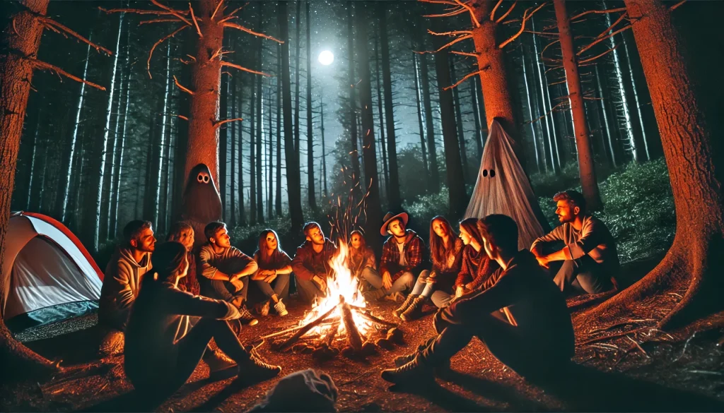 A group of people sitting around a campfire at night in a forest, sharing campfire scary stories