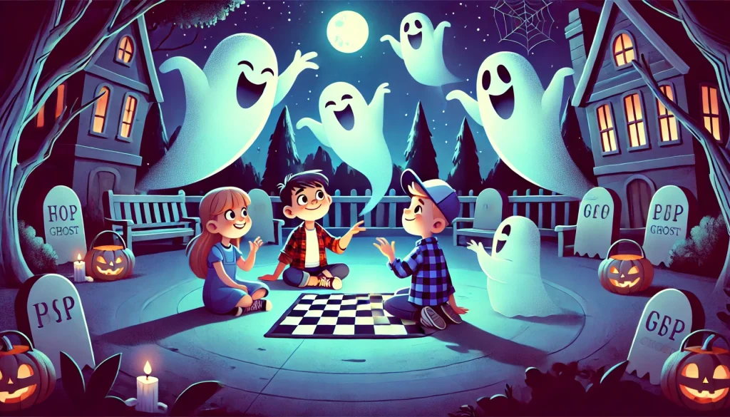 An animated scene of children playing with friendly ghost friends in a spooky yet cheerful setting, perfect for scary stories for kids.