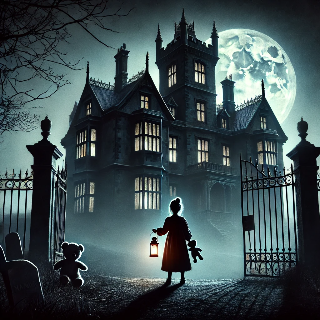 Sarah holding a teddy bear and lantern in front of a haunted manor at night, an ideal scene for a scary story for kids in the dark.