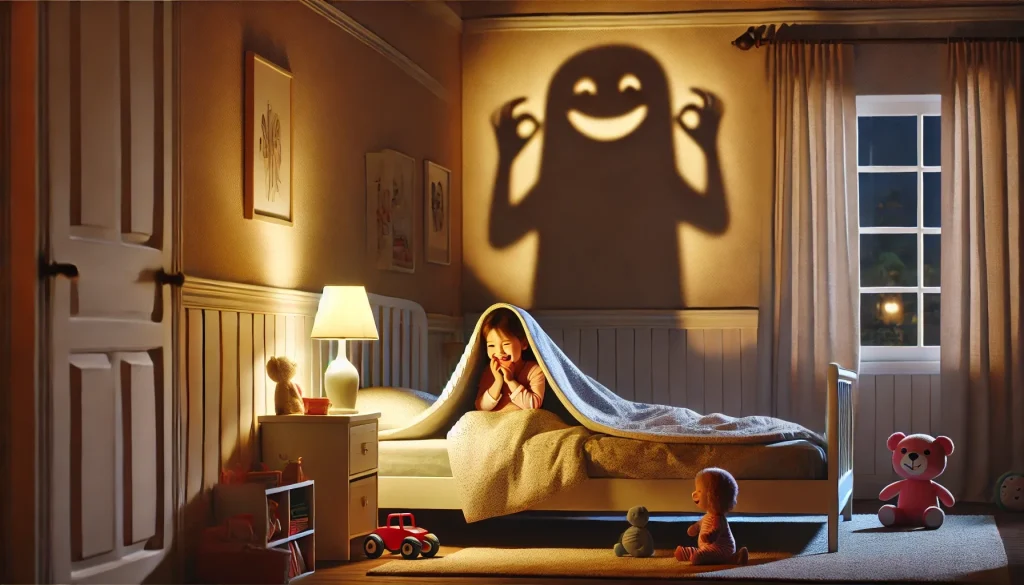 A cozy bedroom scene at night with a little girl named Lily snuggled under her covers, giggling as her dad makes playful monster shadows on the wall with his hands. The room is warmly lit by a bedside lamp, with toys and books scattered around, creating a joyful and comforting atmosphere. This image captures a fun moment from a bedtime scary story for kids.