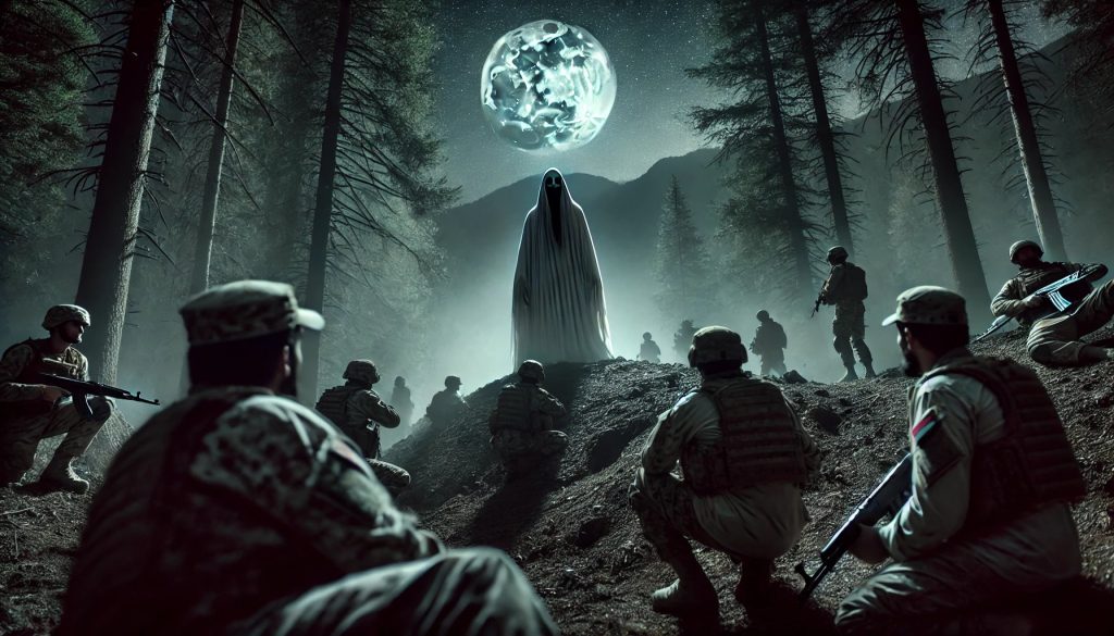 Real scary story: A dark, eerie night scene on a mountaintop surrounded by dense forest. Dark shadowy figures are visible in the background, with one hollow figure in white Afghan attire. Soldiers watch in horror from the foreground, their faces filled with fear.