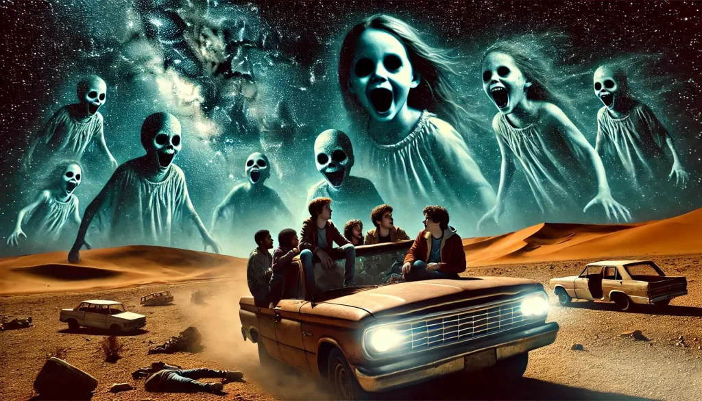 In a desert at night under a starry sky, a terrified group of friends sit in a dented car, its headlights illuminating ghostly children with dark, empty eyes. The eerie scene, a perfect example of short scary stories, contrasts the vast emptiness of the desert with the haunting presence of the Children of the Dusk.