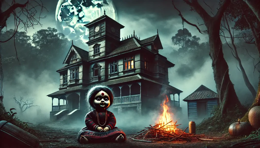 An eerie scene featuring an old two-story house in a misty village, surrounded by a dense forest. A traditional Nepali doll with realistic hair and piercing eyes sits ominously next to a smoldering fire in the foreground. The background displays the house under a full moon, creating a spooky atmosphere ideal for short scary stories