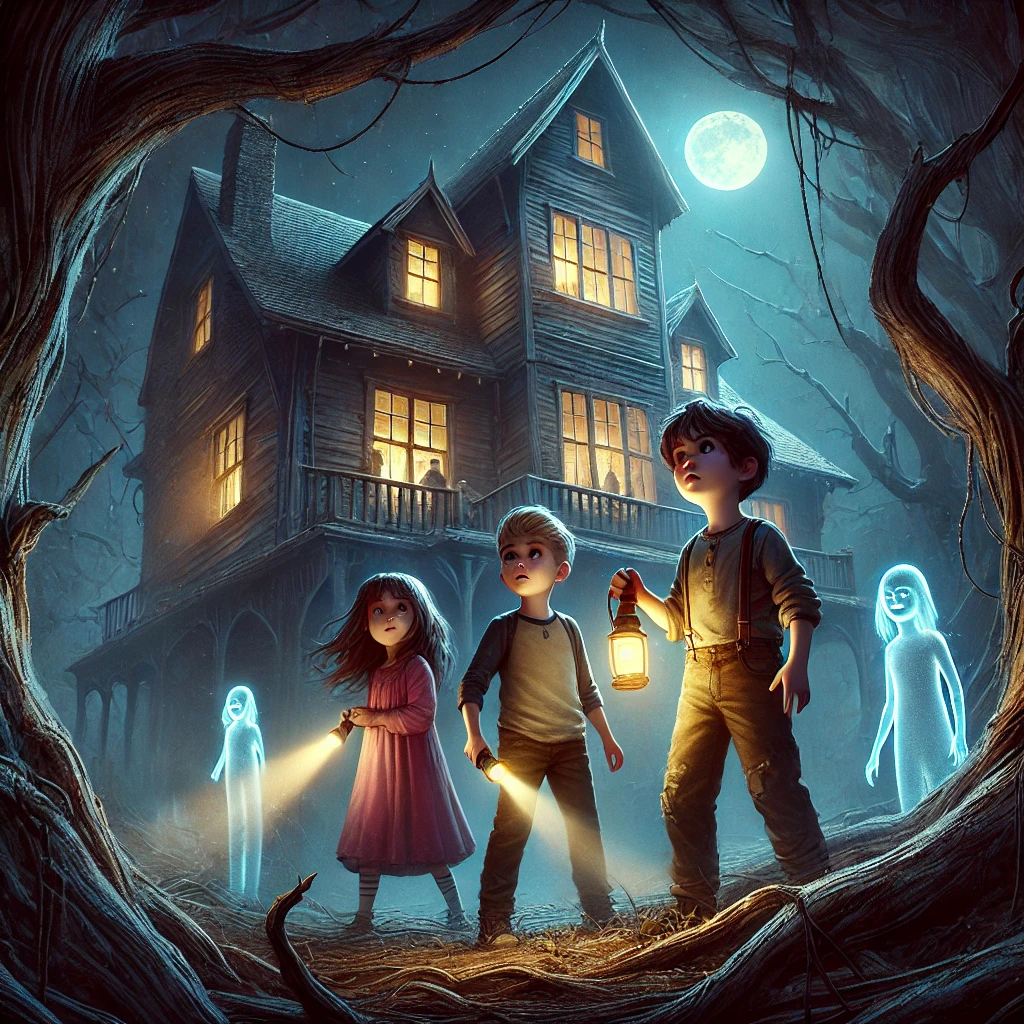 A group of three children exploring an old, eerie treehouse at night, perfect scary story for kids