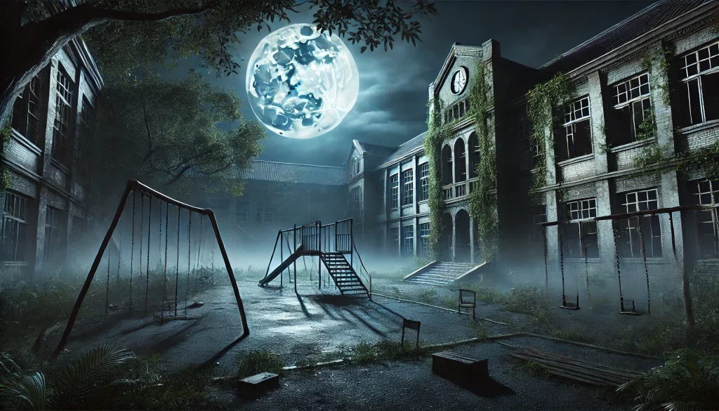 An eerie, abandoned school at night with broken windows and overgrown ivy, creating a chilling atmosphere ideal for short scary stories.