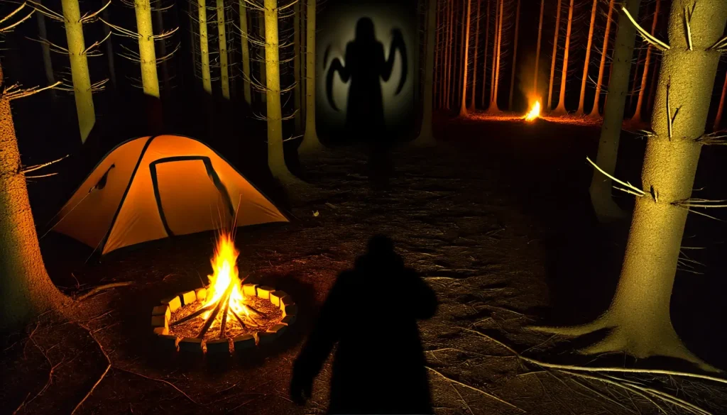 A dense, dark forest at night with two distant bonfires. In the foreground, a campsite with an orange tent and a flickering fire. An identical silhouette to the protagonist stands nearby, adding to the eerie atmosphere of this campfire scary story