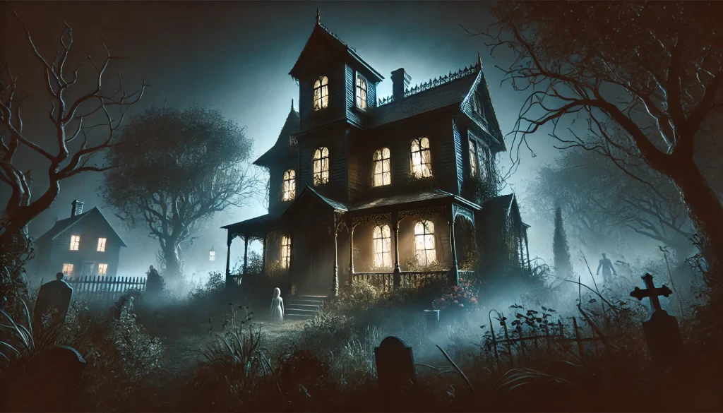 A haunted house at night with broken windows and eerie shadows, surrounded by mist and ghostly figures, perfect for scary stories to tell in the dark around a campfire.