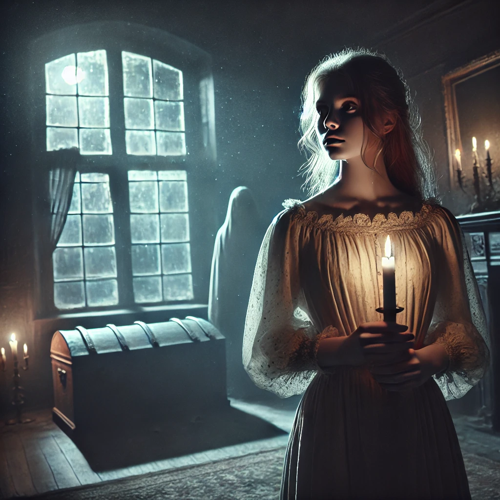 A young woman named Emily standing in a dark, eerie Victorian house, holding a candle aloft, capturing the haunting essence of a short scary story