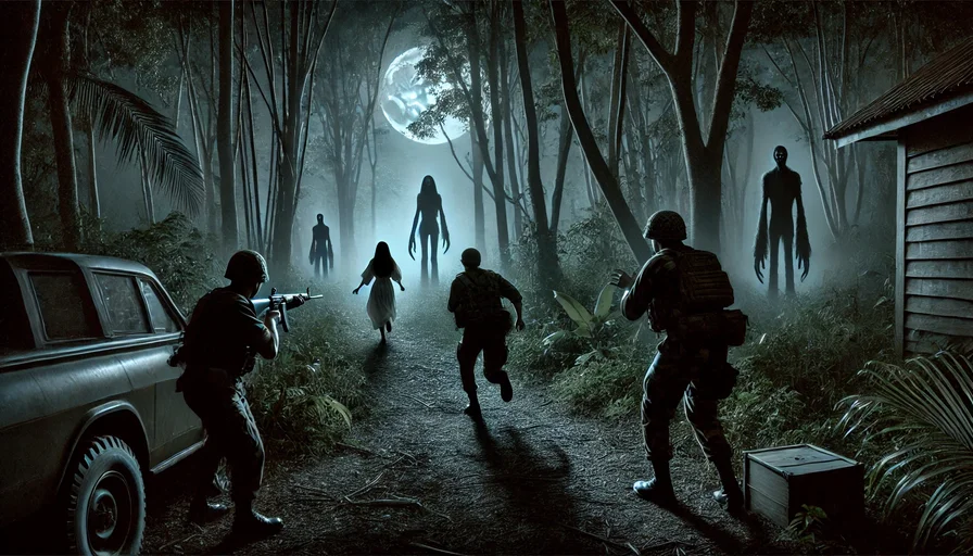 Real scary story: A dark, eerie jungle scene at night outside a city. Two soldiers, one talking on the phone, stand at the edge of the jungle. Shadowy figures are barely visible in the background, with one hollow figure in white Afghan attire. The soldiers look horrified, clutching their rifles tightly