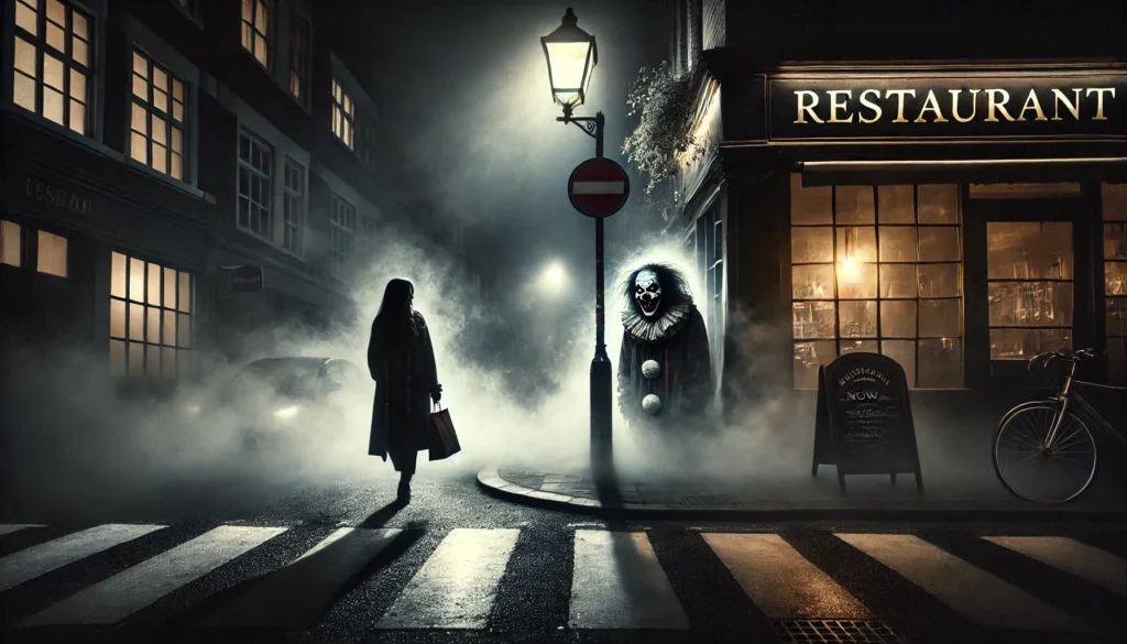 A dark and eerie urban street at night, shrouded in fog with a dimly lit streetlamp casting long shadows. A woman walks away from a small, glowing restaurant, clutching a paper bag of food. At the end of the zebra crossing, a ghostly, ragged beggar with a clownish appearance—white face paint, exaggerated red lips, and messy dark hair—stands unnaturally with dark, hollow eyes, watching her intently. The atmosphere is tense and unsettling, with swirling fog and ominous shadows enhancing the horror scene.