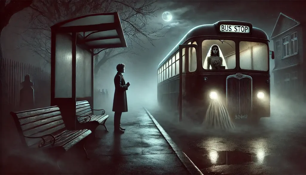 A dark, eerie night scene featuring a dimly lit bus stop on a deserted street. A shadowy, old-fashioned bus has just arrived, its foggy windows revealing ghostly passengers. In the foreground, a young man hesitates at the bus door, his face showing fear and desperation. Inside the bus, a bride in a vintage gown stands with her face veiled, extending a hand ominously. The scene is haunting, with muted colors and a chilling atmosphere under a nearly moonless sky.