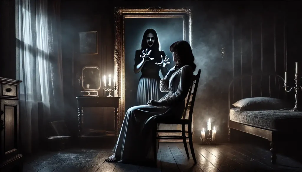 A dimly lit room with flickering candles and a mirror reflecting a terrified Hollywood actress, Anya, sitting on a chair. A pale, ghostly hand emerges from the mirror, poised to snap her neck. The eerie atmosphere is heightened by shadows creeping from the room's dark corners, evoking a sense of supernatural horror.