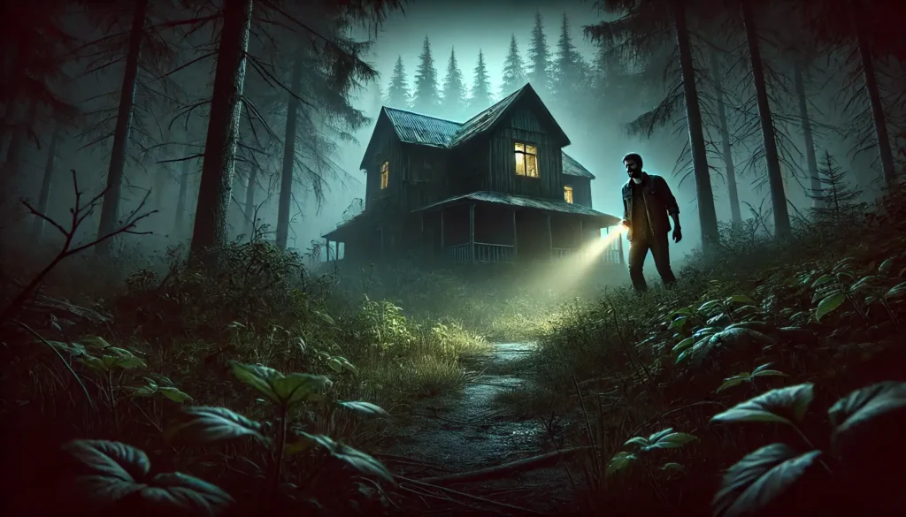 Dark, eerie forest scene at dusk with a lone man holding a dim flashlight, cautiously approaching a decaying, abandoned wooden house surrounded by mist and overgrown weeds. The house looms ominously, creating a haunting atmosphere filled with dread and suspense.