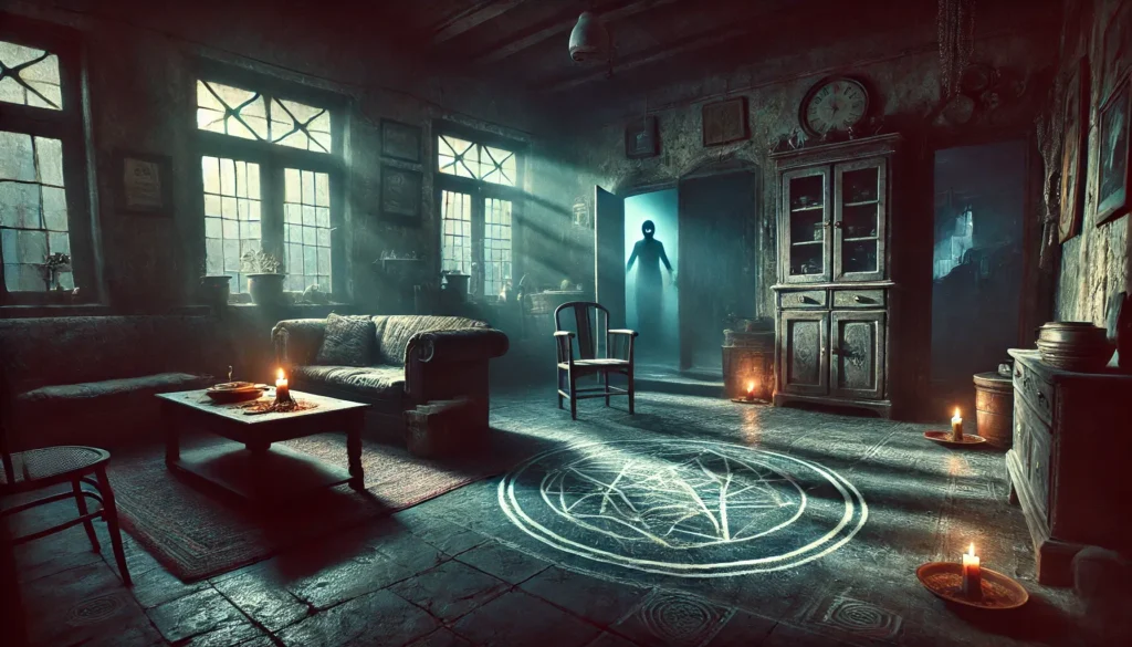 An eerie, dimly lit cottage on the outskirts of Delhi, shrouded in a supernatural aura. The furniture in the living room is slightly askew, and an open cabinet hints at something dark and sinister within. Extinguished candles leave deep shadows, while a faint demon figure is drawn on the floor in a ritualistic pattern. A ghostly presence looms in the background, partially obscured by mist, enhancing the ominous and chilling atmosphere.