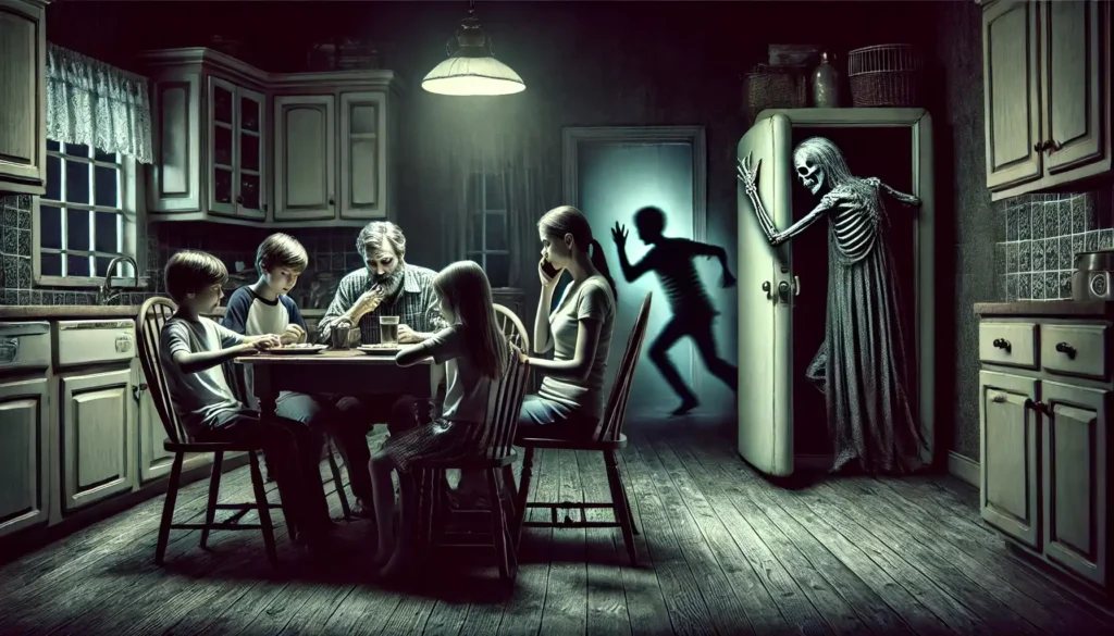 A dark, eerie dining room scene where a terrified family sits stiffly around the dinner table. A gray, skeletal hand grips the shoulder of a young girl, her face filled with fear. The father is pounding on a locked bedroom door in desperation, while a shadowy, twisted figure is creeping toward the mother, who is on the phone. In the reflection of a nearby fridge mirror, the same twisted figure is seen sprinting toward two children with wide, terror-stricken eyes. The overall atmosphere is filled with tension and impending doom.