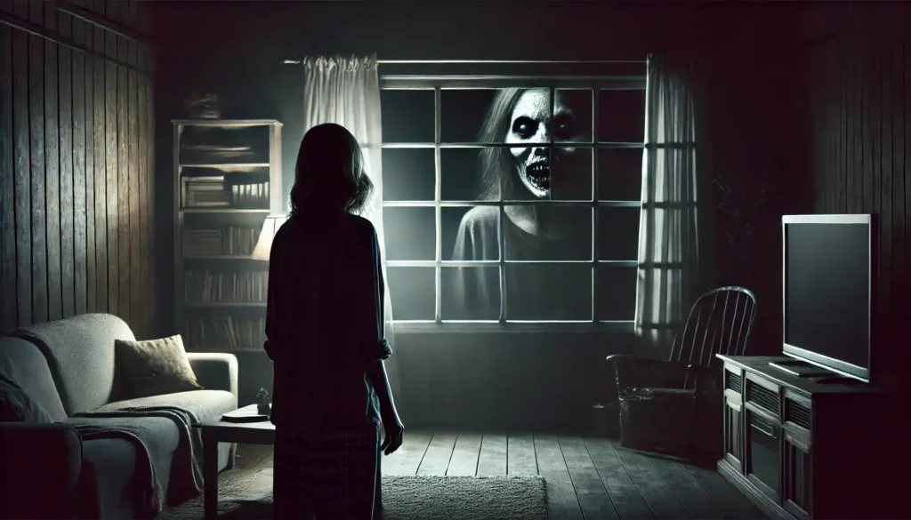 A frightened woman stands in a dimly lit living room, turning her head toward a large window. Outside, a pale, twisted face stares back through the glass, casting an eerie and unsettling atmosphere. Shadows creep along the walls, and the room is bathed in low light, creating a tense and horrifying scene filled with fear and suspense.