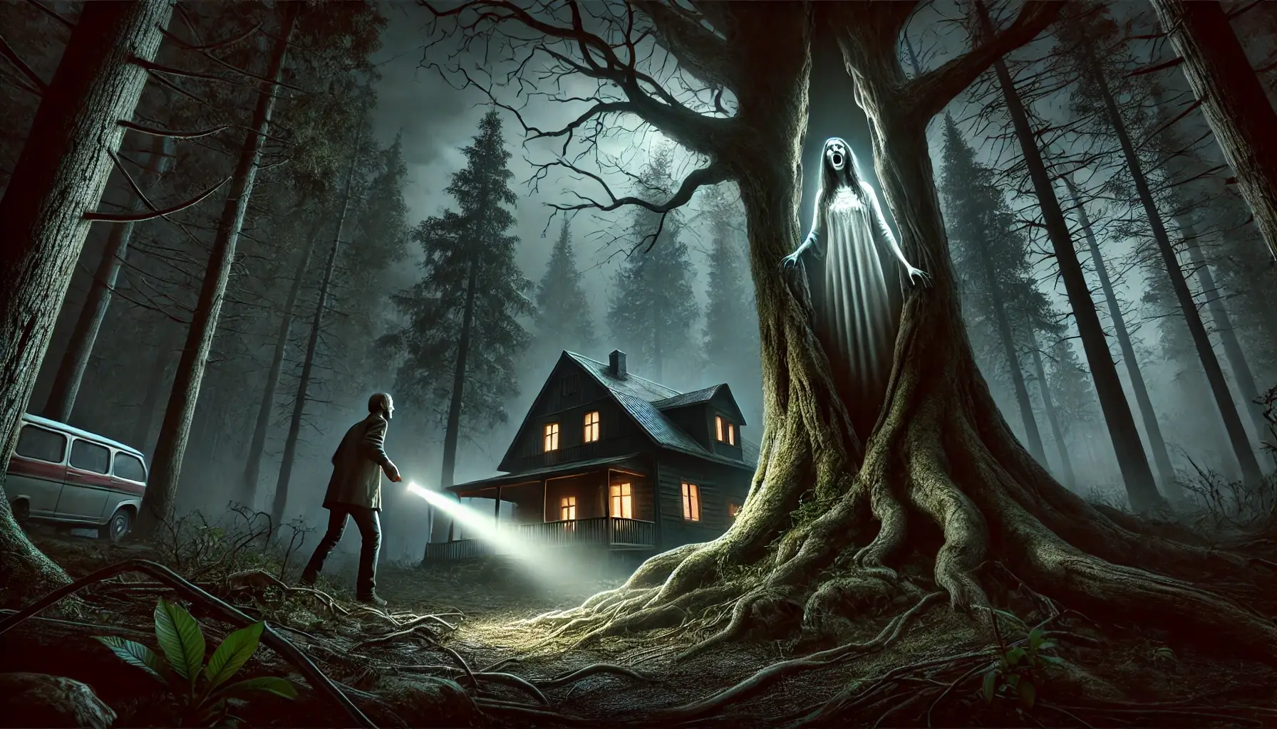 Dark, eerie forest at night with a lone, isolated guesthouse partially hidden among the trees. A terrified man holds a flashlight, illuminating a ghostly woman in white with a decayed face under an ancient tree. The scene is filled with shadows and an ominous, haunting atmosphere.