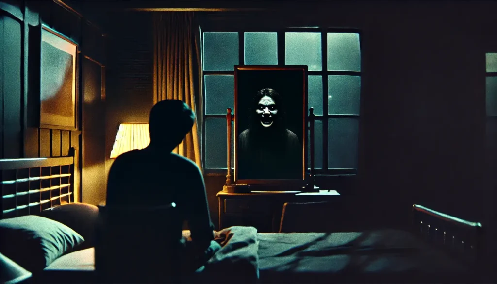 A dark, eerie apartment room with dim lighting. In the center, a mirror reflects a twisted figure with a disturbing, wide grin. The reflection appears to be stepping out of the mirror, with hollow, menacing eyes. The room is filled with deep shadows, a faint glow from a phone on a table, and an overall atmosphere of horror and dread, as if the boundary between reality and the reflection is breaking.