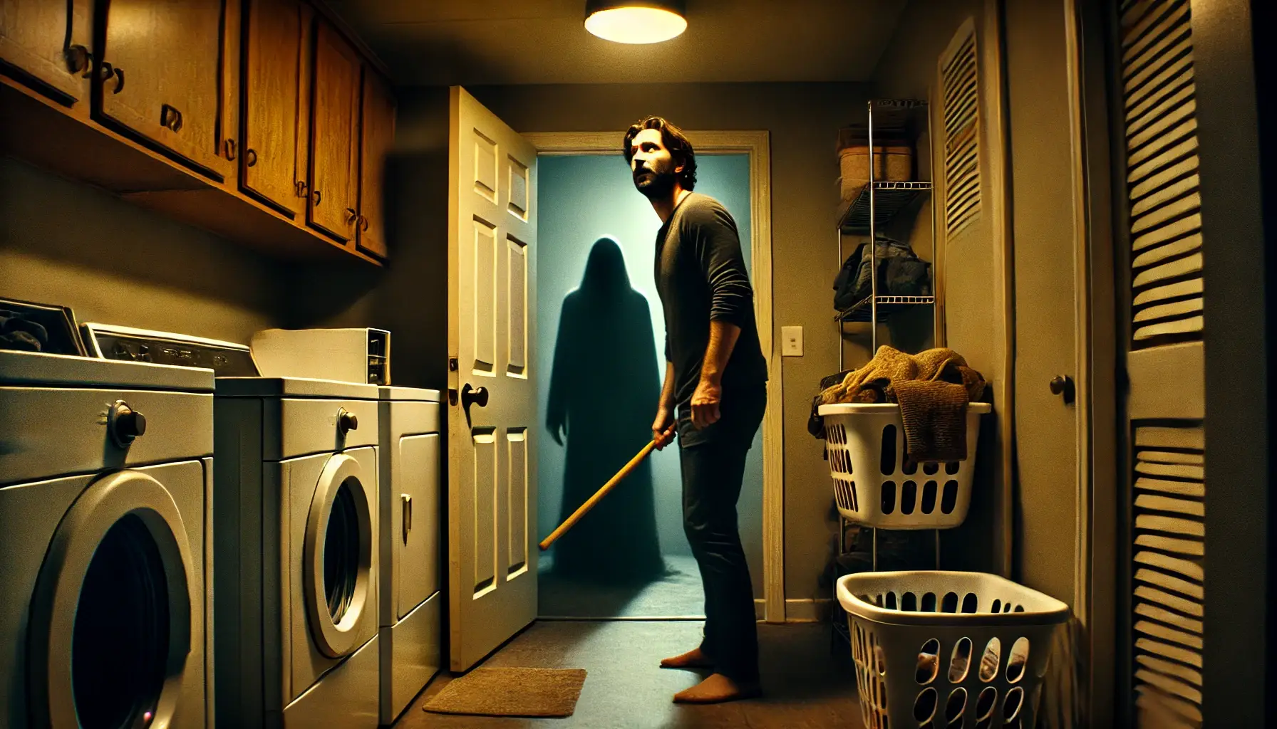 In a dimly lit, flickering laundry room, a terrified man grips a crowbar while facing a shadowy, indistinct figure slowly approaching from the darkness. The ominous figure, barely visible in the shadows, evokes a sense of supernatural dread. Everyday laundry items like baskets and a washer-dryer contrast with the eerie, foreboding atmosphere, emphasizing the man's fear as he stands on the verge of panic.