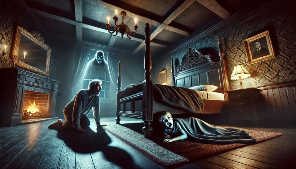 An eerie mansion bedroom, dimly lit with shadows casting ominous shapes. A father kneels beside the bed, peering underneath with a shocked expression. Beneath the bed lies his pale, terrified son, eyes wide and tears streaming down his face. On top of the bed, another figure resembling the son is curled up under a blanket, creating a ghostly and unsettling scene. The room has a gothic, haunted atmosphere with dark colors and flickering light, enhancing the suspense and fear.