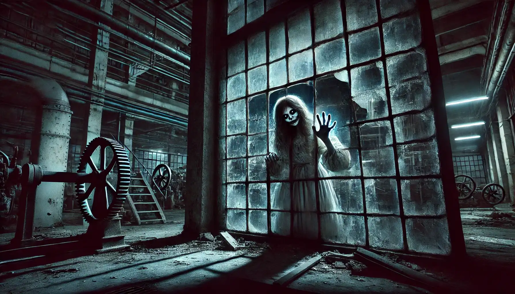 A dark and eerie abandoned factory at night, featuring a cracked second-floor window. Outside the window, a ghostly woman with a pale face and tattered white dress presses against the glass, her wide hollow eyes and twisted smile creating a chilling atmosphere. Her hand reaches through the cracked window toward the dimly lit and debris-strewn factory interior, evoking an unsettling and spooky scene.