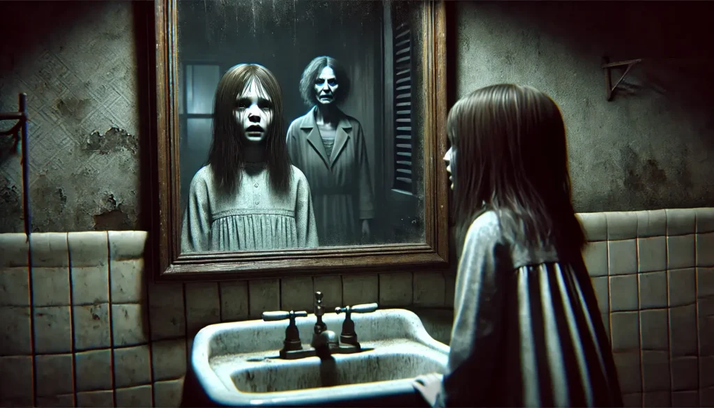 A dark and eerie scene featuring a young girl, Jennifer, standing in front of a cracked mirror in a dimly lit bathroom of an old apartment. Her reflection shows an aged, middle-aged woman with a gaunt face and a terrified expression. The room is deteriorated with peeling paint and broken tiles, and a sense of abandonment fills the space. Shadows loom around her, and a faint ghostly presence seems to linger in the background. The atmosphere is tense, with muted colors and a haunting glow from the mirror.