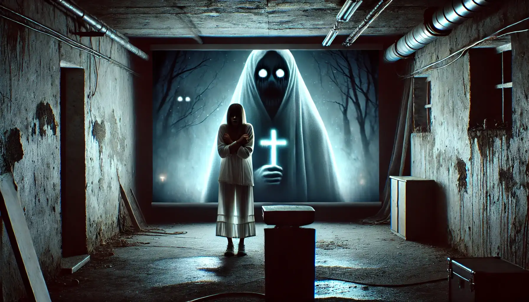 An eerie room with a glowing projector screen displaying two faintly glowing eyes in the background. The scene is dark and unsettling, with a woman standing frozen, clutching a cross around her neck in fear. The atmosphere feels abandoned and creepy, with shadowy figures and a faint mist adding to the horror elements. The room is dimly lit, with the projector's glow casting ominous shadows.