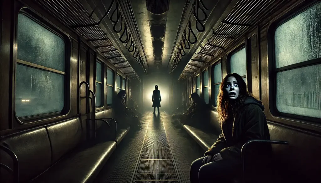 An eerie and dimly lit train carriage at night with Sarah, a frightened woman, sitting alone. The train doors are open at a deserted station, and a shadowy figure of a man in black clothing stands on the platform with a disturbing smile. Behind Sarah, unnoticed, the same ominous man now stands inside the train. The scene is filled with suspense, shadowy lighting, and a chilling, supernatural atmosphere as the train approaches a dark tunnel.