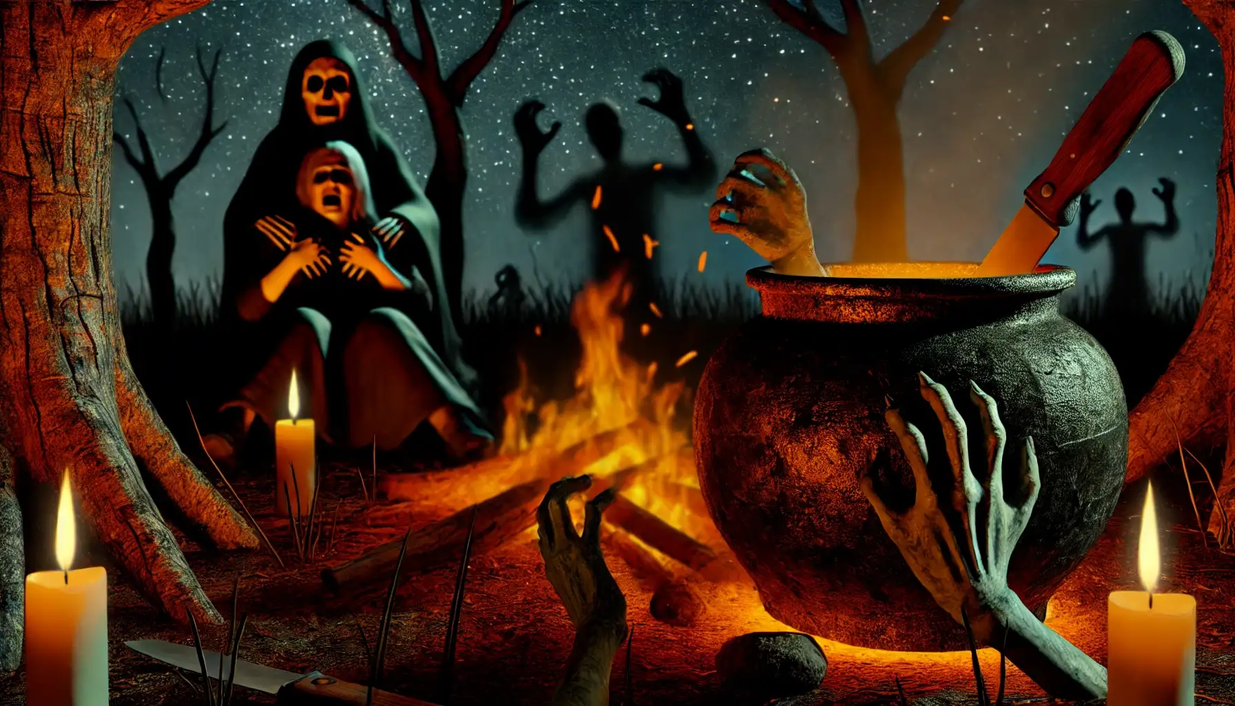 A chilling campfire scene with flickering flames casting eerie shadows. In the foreground, an old, cracked urn emits a ghostly glow as gray, twisted hands reach out from it. Behind a terrified woman holding a knife, a shadowy figure with hollow eyes and clawed hands stands, whispering 'mama.' The surrounding forest is dark and foreboding, with twisted trees barely visible in the background, creating a tense and supernatural atmosphere.