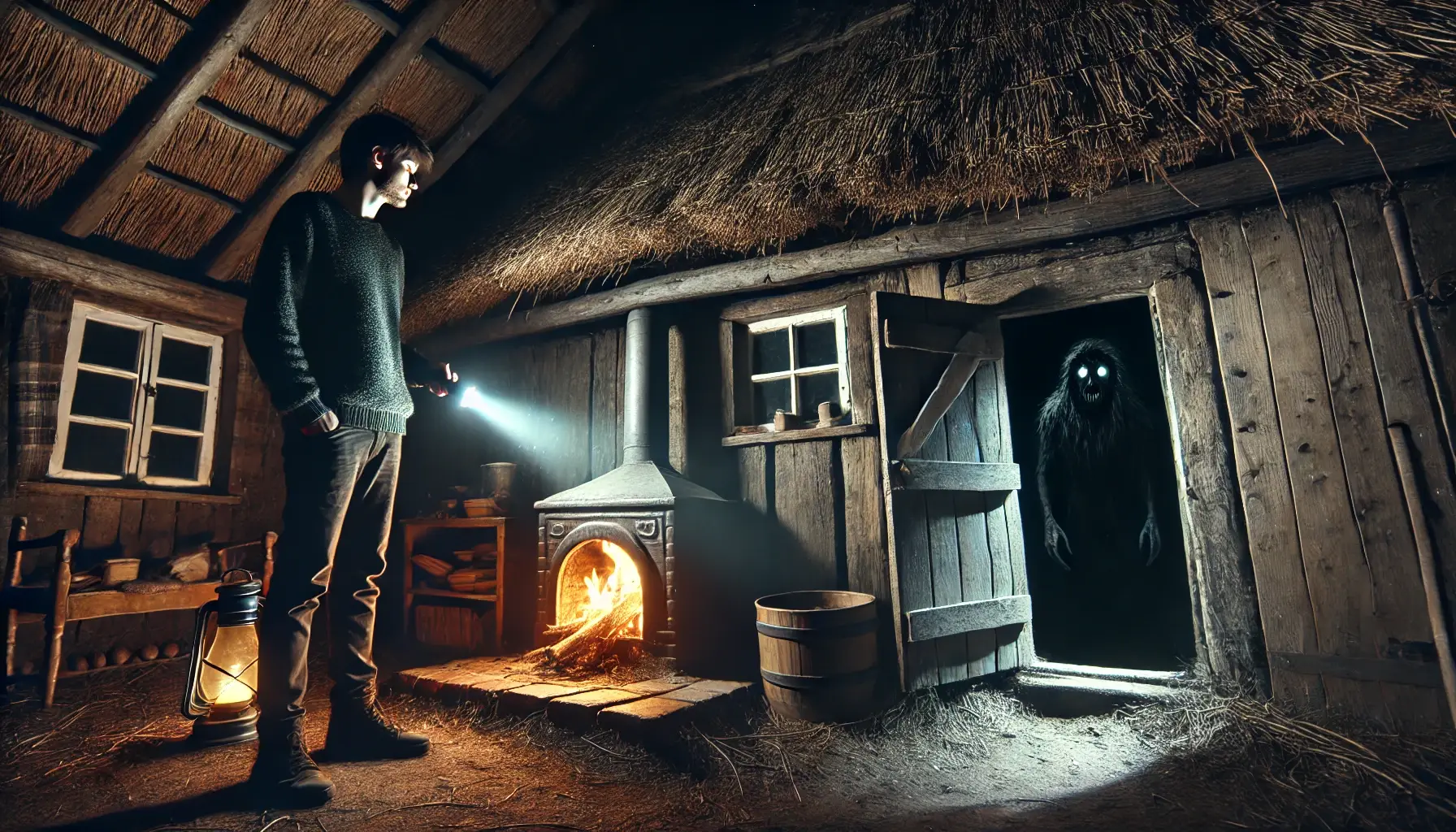 A dark, eerie scene inside a lonely cottage deep within the woods at night. A frightened young man stands near a flickering fireplace, holding a flashlight, which points toward a half-open basement door. The room is dimly lit, with shadows creeping on the walls. Emerging from the pitch-black basement is a twisted, shadowy figure with glowing eyes, staring back at the man. The overall atmosphere is tense and filled with fear, capturing the feeling of isolation and dread.