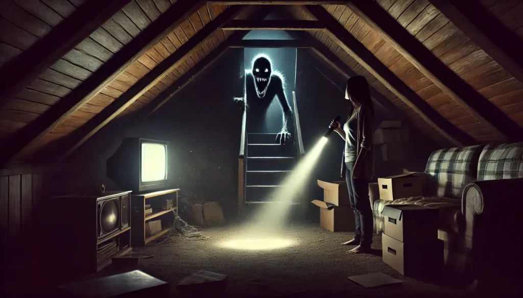 A dark and eerie living room illuminated only by the flickering light of a television during a violent storm. In the foreground, a woman stands at the bottom of an attic stairway, holding a flashlight. The attic door is slightly ajar, and the flashlight beam reveals cobwebs and dusty boxes. In the shadows at the far end of the attic, a twisted, gaunt figure with hollow eyes and sharp, jagged teeth is creeping toward her, dragging its long fingers across the wooden floor. The scene is tense, filled with fear and dread.