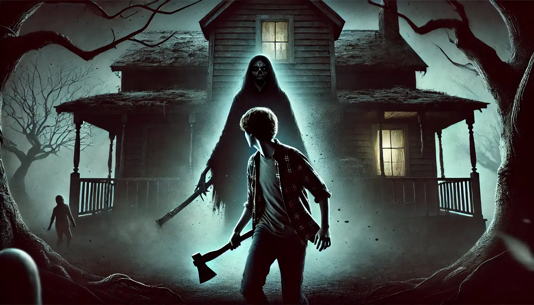 An eerie scene of a young man escaping a decayed, dimly lit house at night. In the background, a shadowy, monstrous figure resembling his mother stands ominously, holding an old axe, partially obscured by fog. The atmosphere is tense and filled with horror, with dark, misty surroundings and faint, unsettling shapes hinting at Jeff's newfound terror.