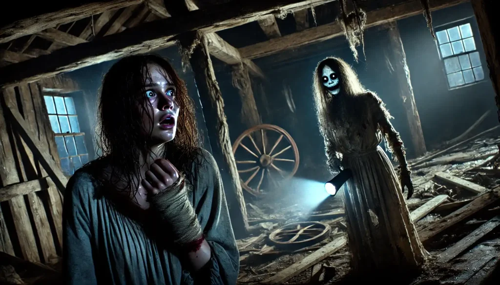 A terrified young woman, Nancy, holds a flickering flashlight inside an abandoned and decaying mill house. Shadows loom around her as she faces a pale, ghostly figure in tattered clothing, with long messy hair and bleeding wrists. The figure's unnerving smile and wide eyes stare menacingly at her, creating an intense and eerie atmosphere.