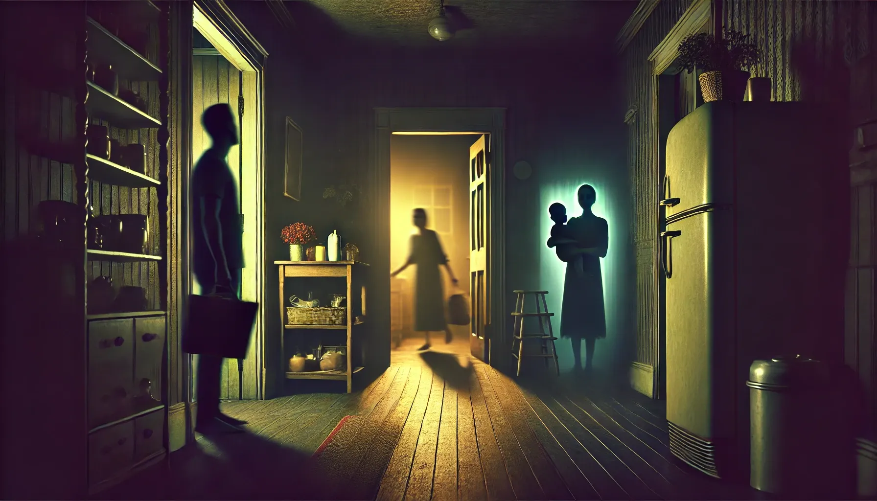 A dimly lit hallway with eerie shadows, where a man walks towards the kitchen. In one room, a ghostly figure of a woman holds a baby, while in the kitchen doorway, a woman hurriedly enters with groceries. The atmosphere is ominous, with flickering lights and unnatural shadows adding to the horror theme.