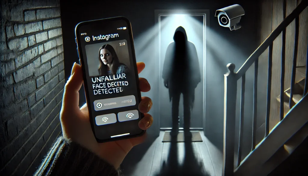 An eerie scene featuring a young woman, Kaitlin, illuminated by the cold light from her phone as she doom scrolls on Instagram. A notification from her CCTV app reads 'unfamiliar face detected.' In the background, a shadowy figure dressed in black stands menacingly on a staircase outside her dimly lit apartment. The atmosphere is dark and ominous, with unsettling shadows creating a tense, foreboding mood.