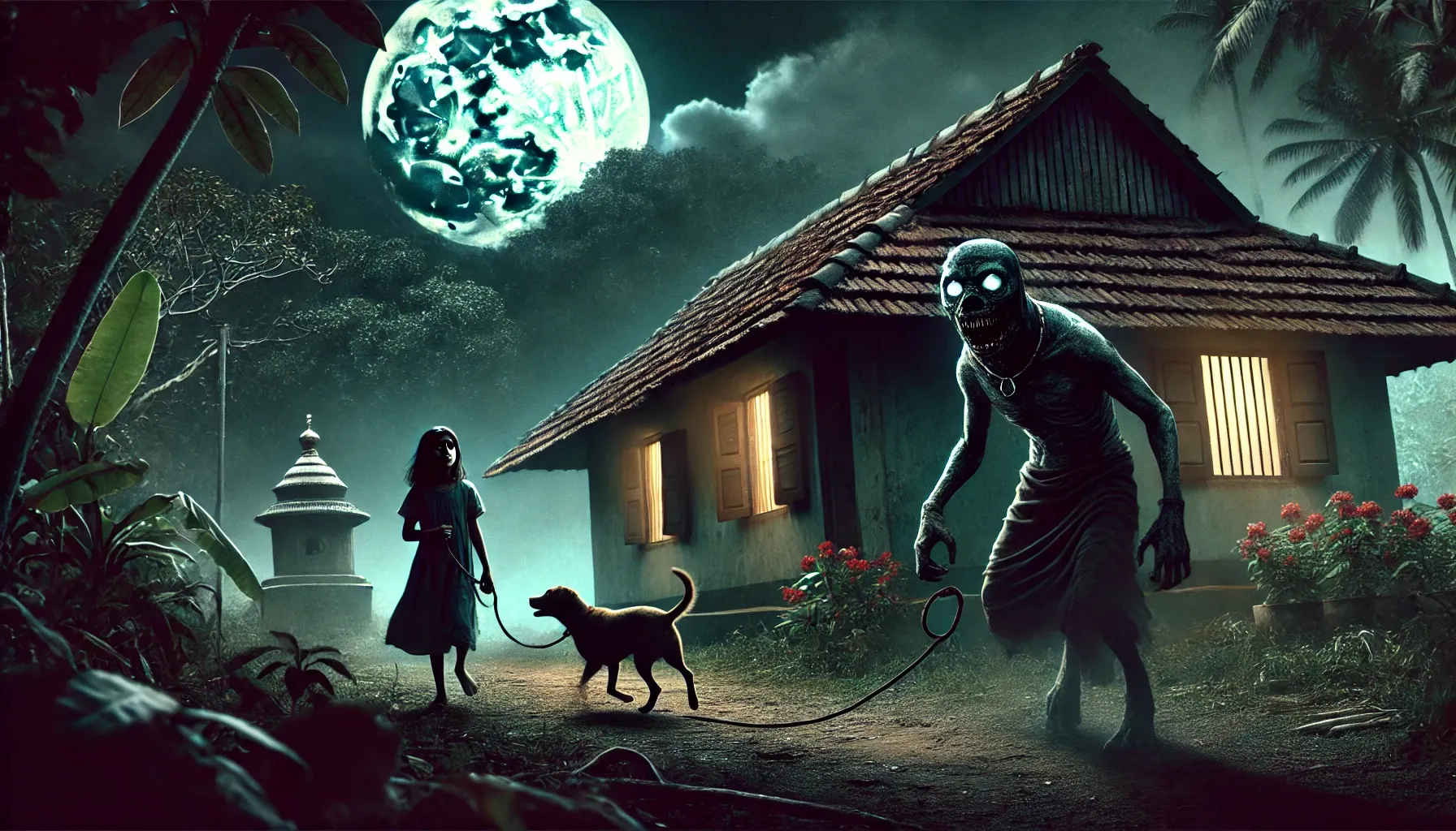 An eerie night scene outside a rural Indian cottage surrounded by dark trees. A frightened girl holding a dog is seen running toward a small, dimly lit temple. Behind her, a large, ghastly creature with a dog-like face stands on two legs, glowing eyes fixated on them. The moonlight casts an ominous glow over the scene, adding to the sense of supernatural dread and terror.