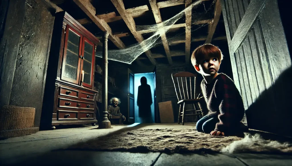 A dimly lit, eerie basement with a young child peeking cautiously around the open basement door. The basement is filled with dark shadows, cobwebs, and old furniture, creating a sinister atmosphere. In the background, shadowy figures suggest a hidden, ominous presence. The child’s expression shows a mix of curiosity and fear, enhancing the horror elements of the scene.