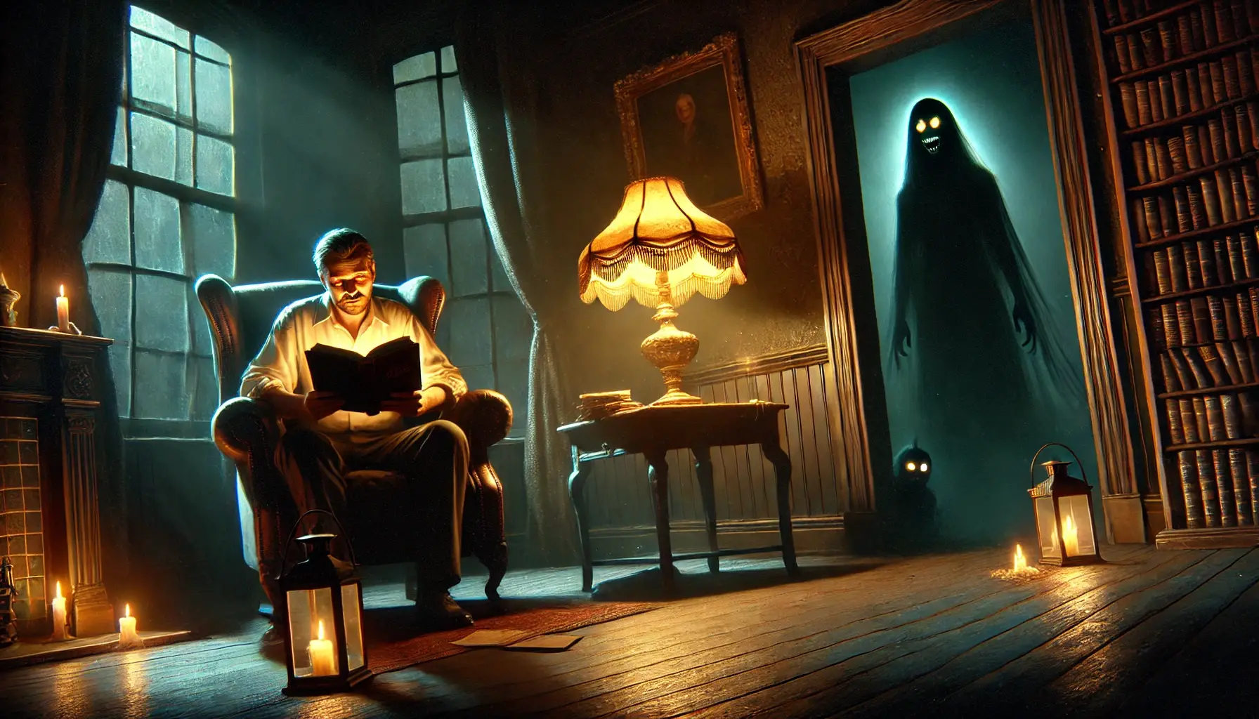 A dark and eerie drawing room illuminated by a flickering old lamp, casting shadows on the walls. A man named Samuel sits in a chair reading a book titled 'The Shadows,' looking terrified. In the corner of the room, a shadowy figure with glowing eyes stares menacingly at him. The atmosphere is tense, filled with whispers and a sense of dread as the shadowy figure looms closer.