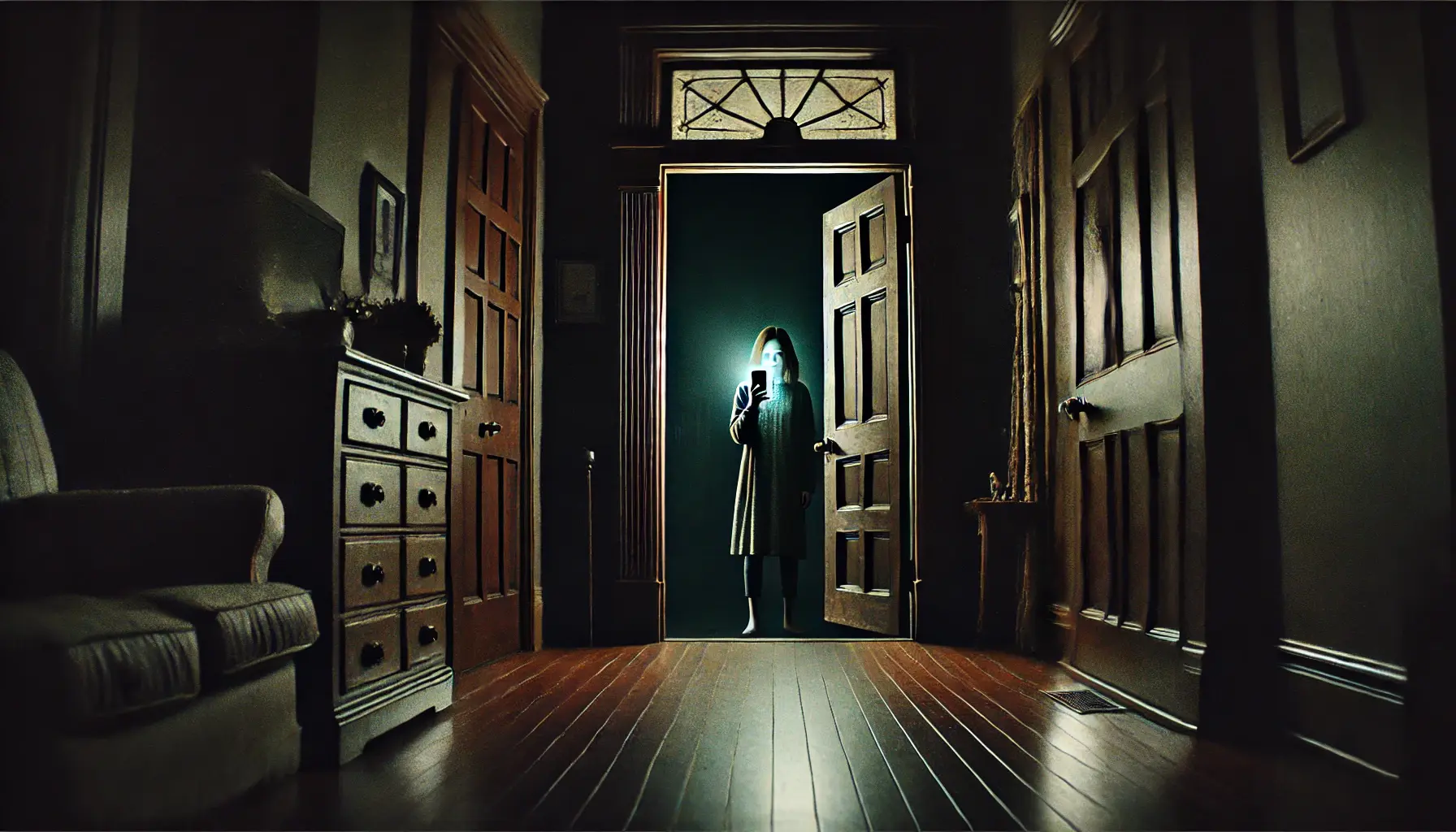 A dimly lit, eerie apartment scene featuring a creaking old wooden door slightly ajar. A woman, Emily, stands in the foreground holding a glowing phone, her face filled with fear. The phone screen eerily reflects the door from the opposite side, as if watched from within. Shadows stretch across the room, adding to the oppressive and haunting atmosphere. The dark hallway beyond the door fades into obscurity, amplifying the tension, while a whispering presence seems to lurk in the unseen darkness.