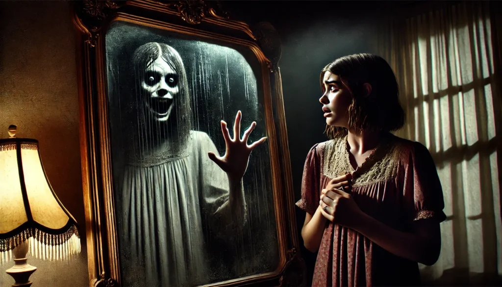 A dimly lit room with shadows cast across the walls by faint streetlamp light. At the center is a tall, warped antique mirror with smudged glass. A terrified young woman stands in front of the mirror, her face pale and eyes wide with fear. Her reflection in the mirror is a distorted, twisted version of herself, smiling unnaturally wide with glowing eyes. The reflection's hand is reaching out of the mirror, grabbing the woman's arm, as the mirror's glass ripples like liquid. The eerie atmosphere conveys a sense of supernatural horror and dread.